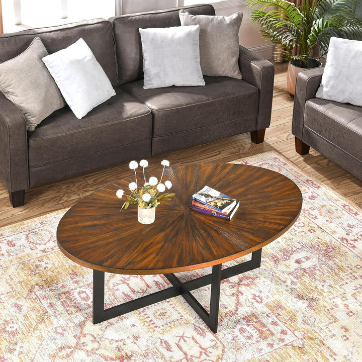 Oval Coffee Table, Solid Wood and Metal, Natural Brown