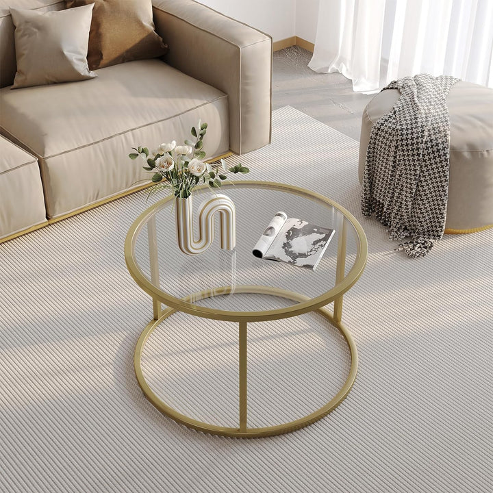 Small Glass Coffee Table with Gold Frame for Living Room