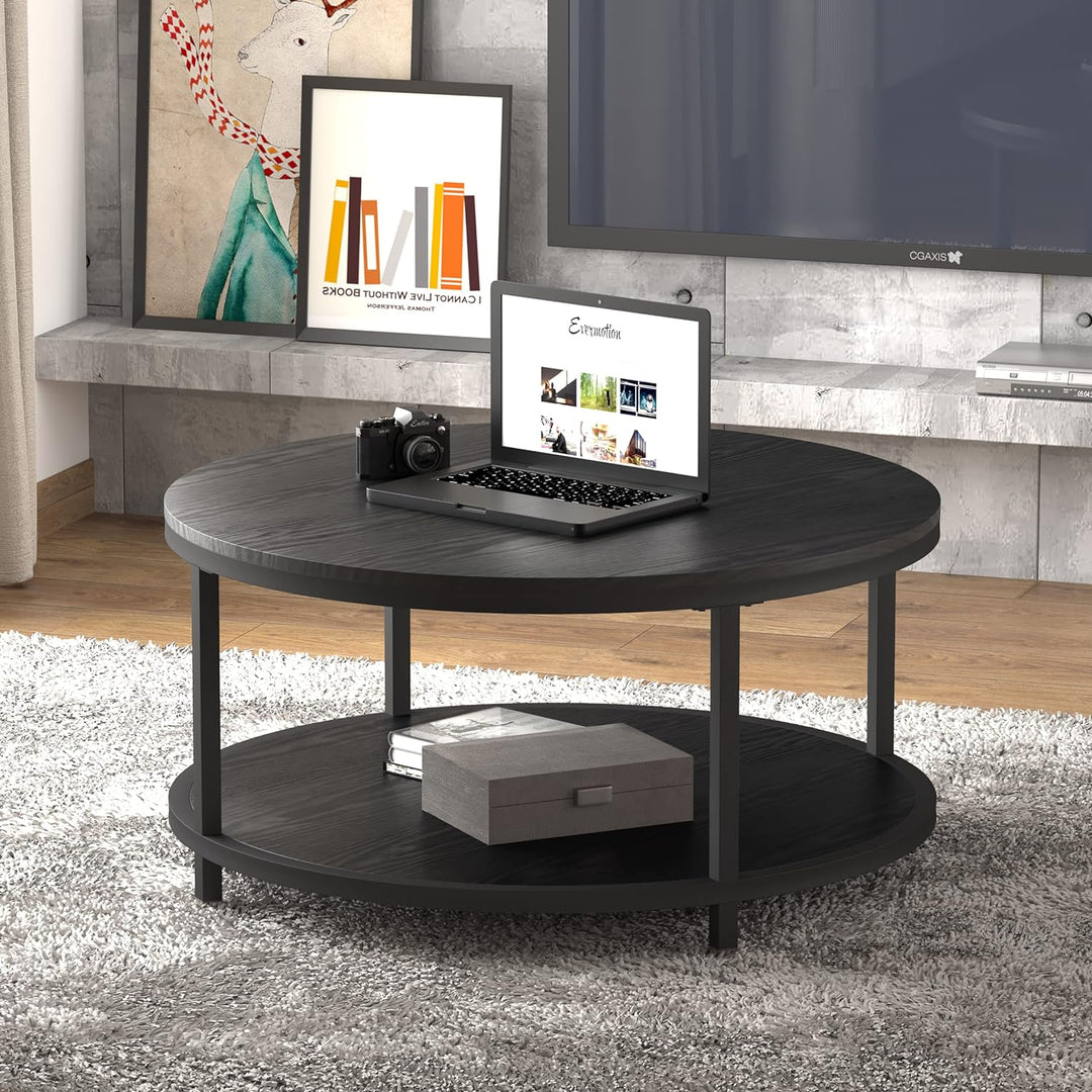 NSdirect Round Coffee Table, Rustic Wooden Surface Top & Legs, Black