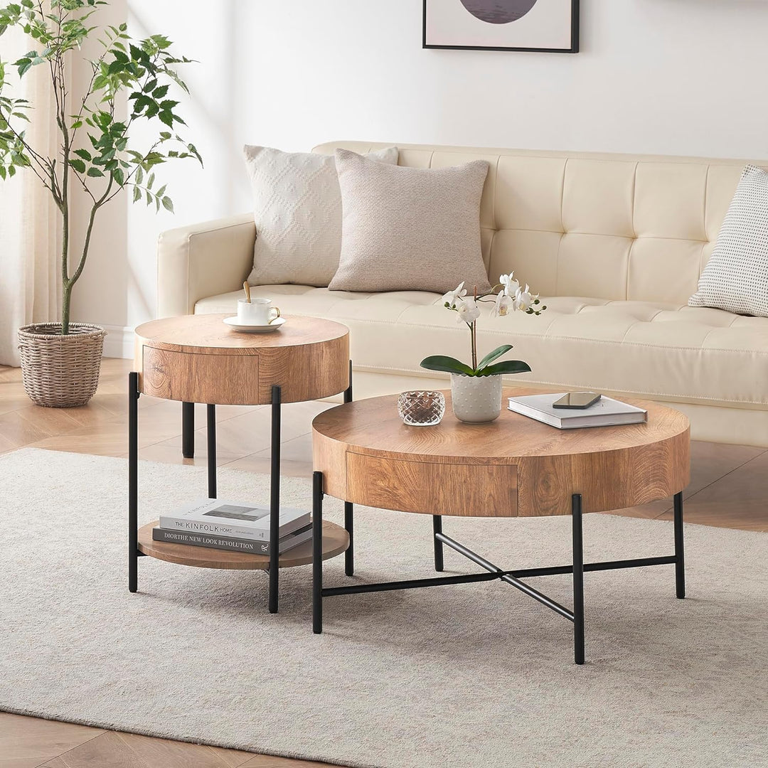 Rustic Round Coffee Table with Drawers, Farmhouse Wood Center Table, Natural