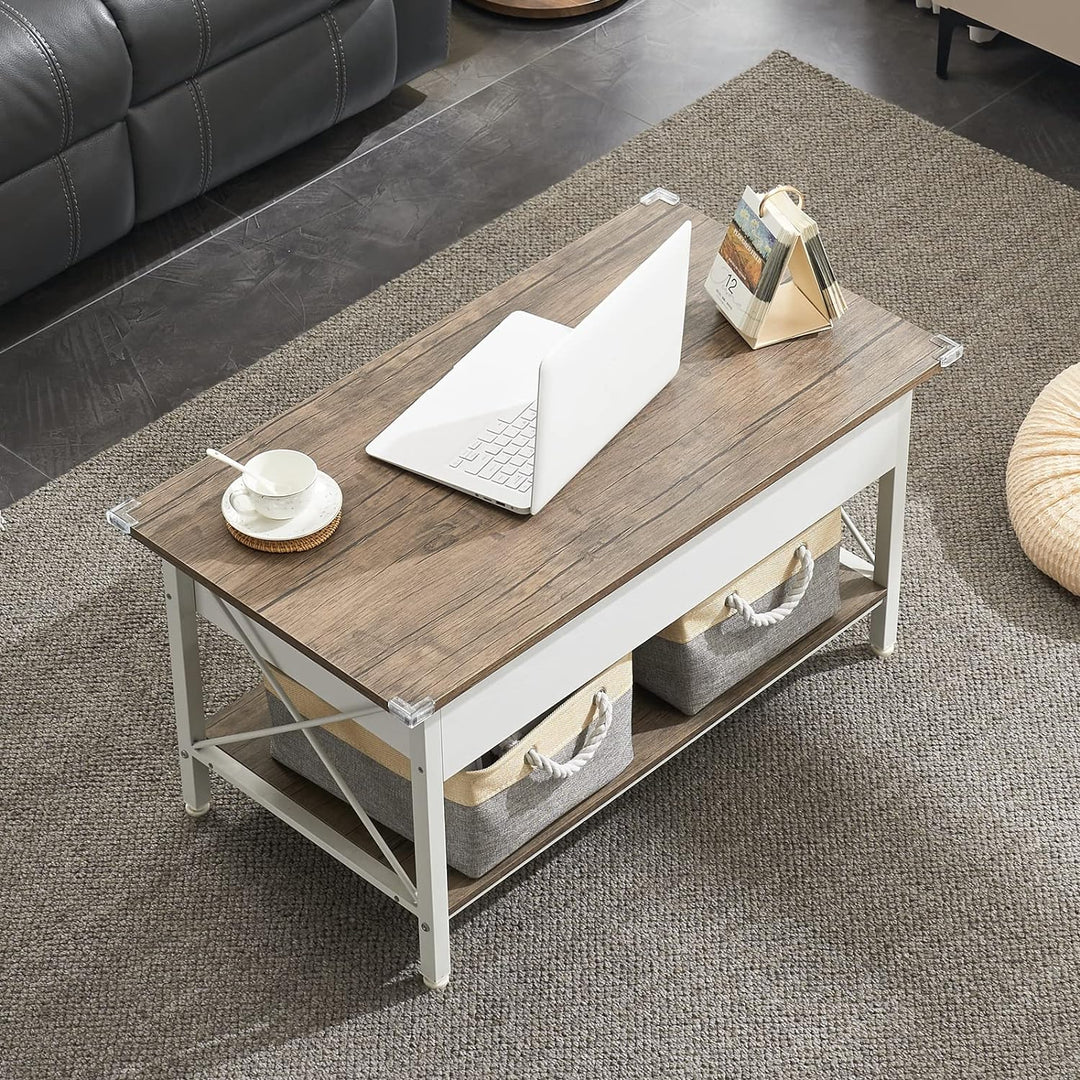 Lift Top Coffee Table with Storage Bins, White Walnut