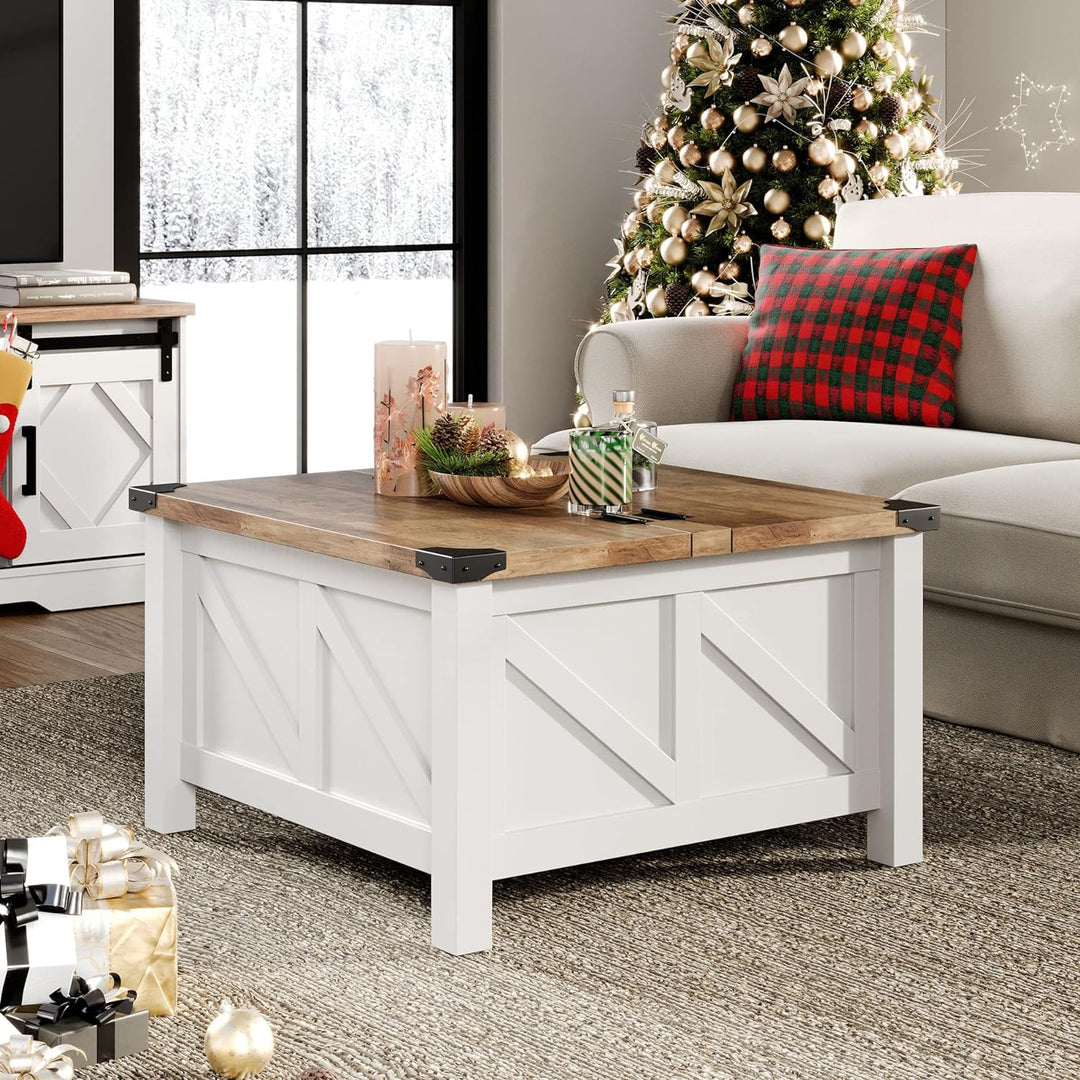 Modern Farmhouse Coffee Table, Square Wood Center Table, White