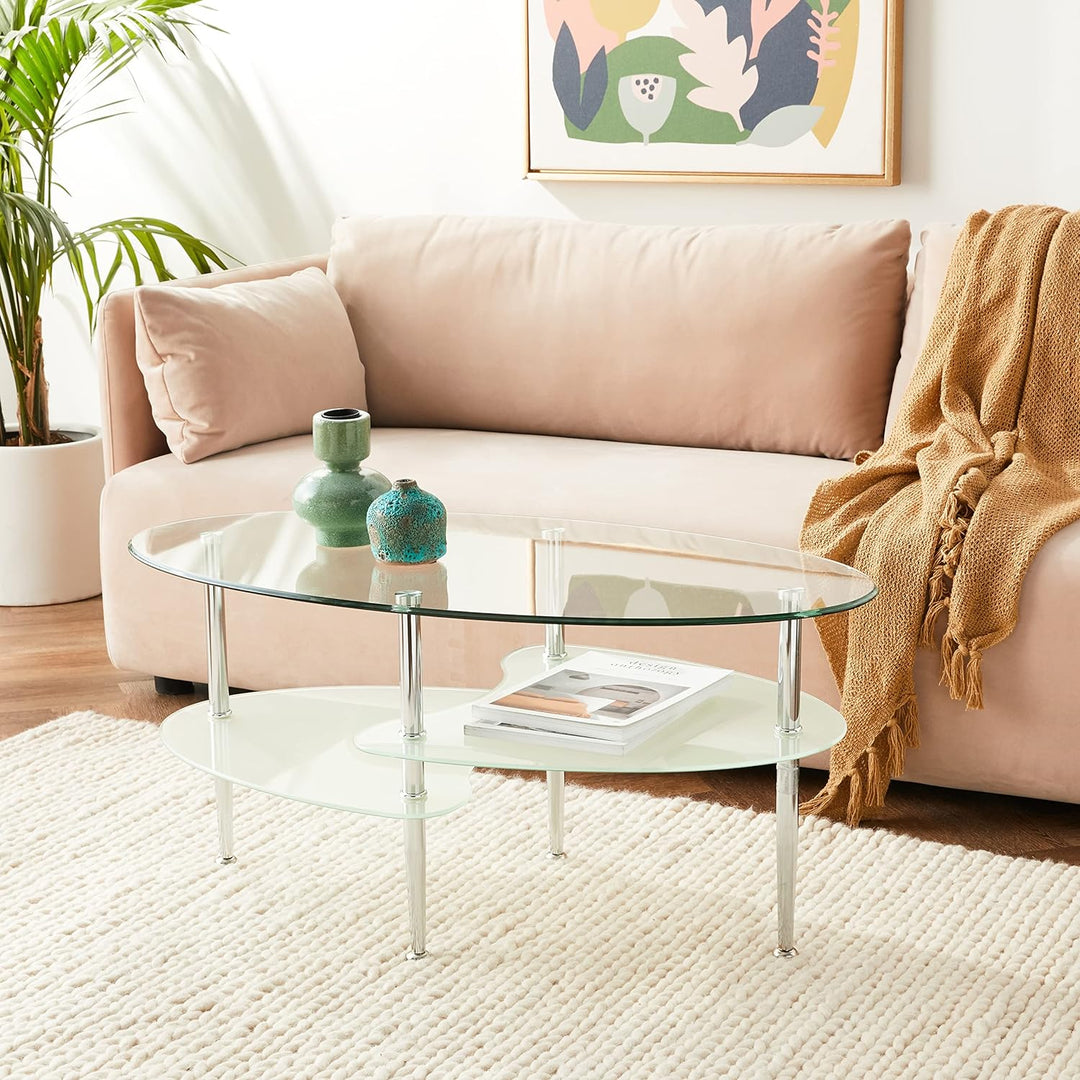 Modern Oval Glass Coffee Table with Storage Shelf