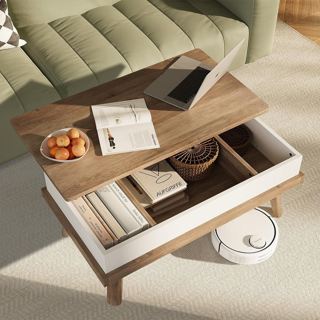 Meilocar Wood Coffee Table with Hidden Compartment, Ivory