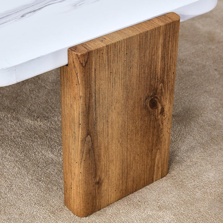 Stylish Hexagonal Coffee Table, White Marble Top, Wooden Legs