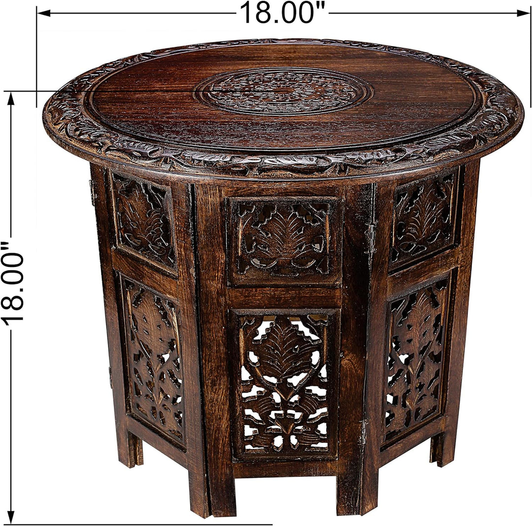 Round End Table, Side Table, Carved Wood Table 18" - Burnt