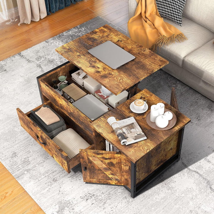 Lift Top Coffee Table with Storage, Barn Door Cabinet Console, Farmhouse Wood, Rustic Brown