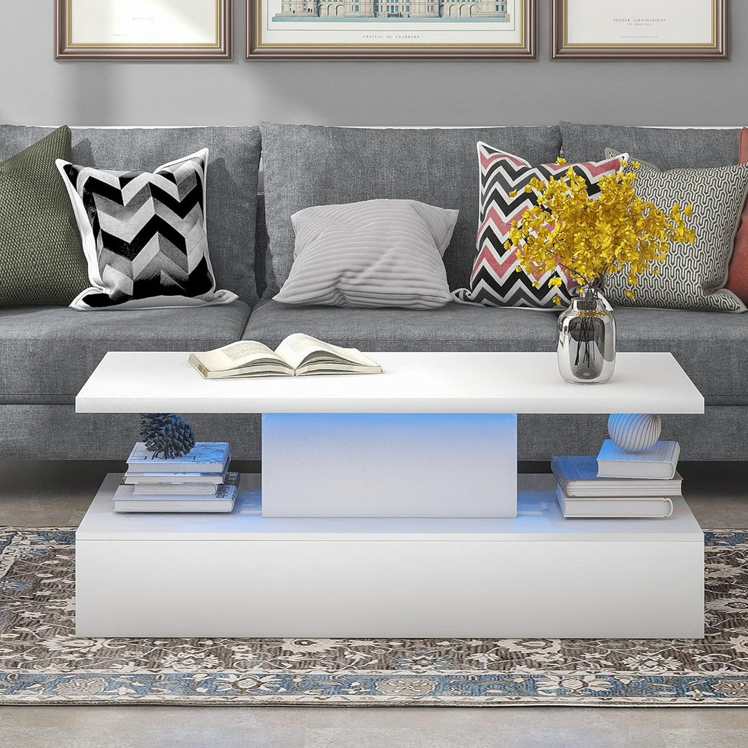 Coffee Table with LED Lighting, 16 Colors, Remote Control, White