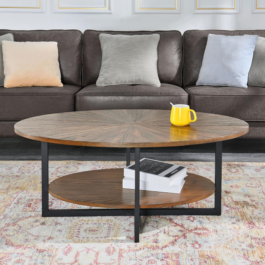 Rustic Oval Coffee Table with Cross Metal Legs, Modern Industrial Center Table