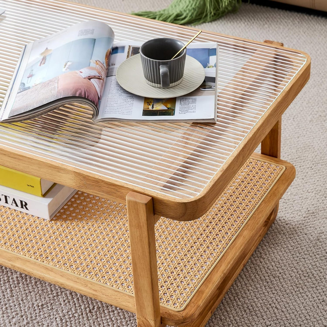 Mid-Century Modern Coffee Table, Boho Rectangular Solid Wood Center