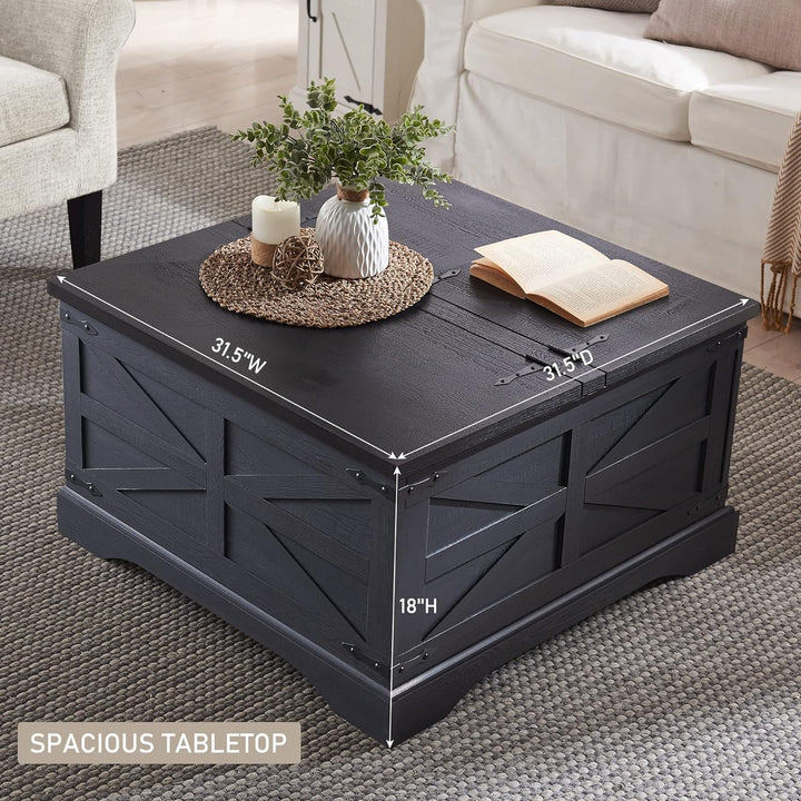 Farmhouse Coffee Table w/ Hidden Storage, Rustic Wood Cocktail Table, Black