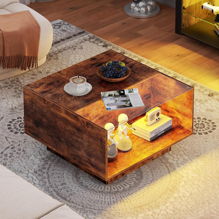 Yusong Modern Glass Top Coffee Table with Storage, Rustic Brown