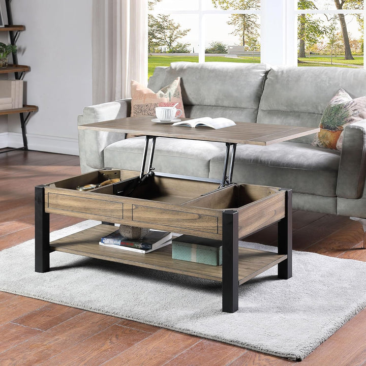 42 Wood Lift Top Coffee Table, Farmhouse 2 Tier Rising