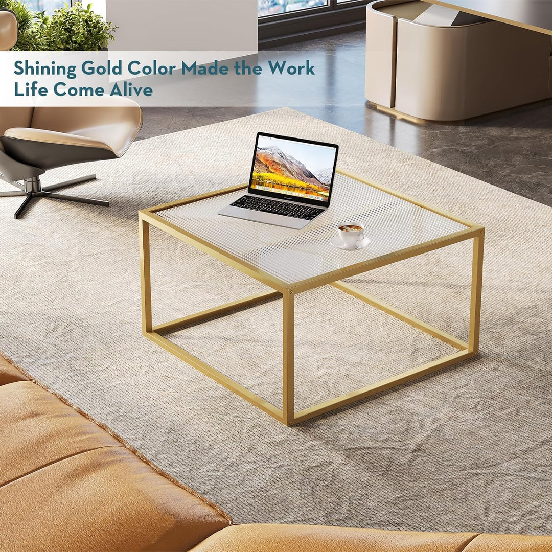 Modern Glass Coffee Table, Small Square, Unique Art Center Table, Gold