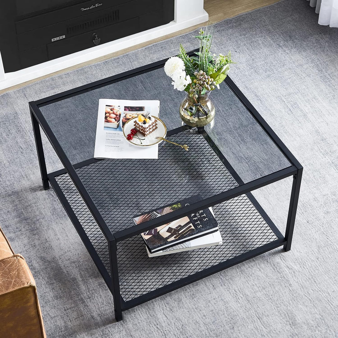 Modern Glass Coffee Table with Storage, Industrial Square Center Table