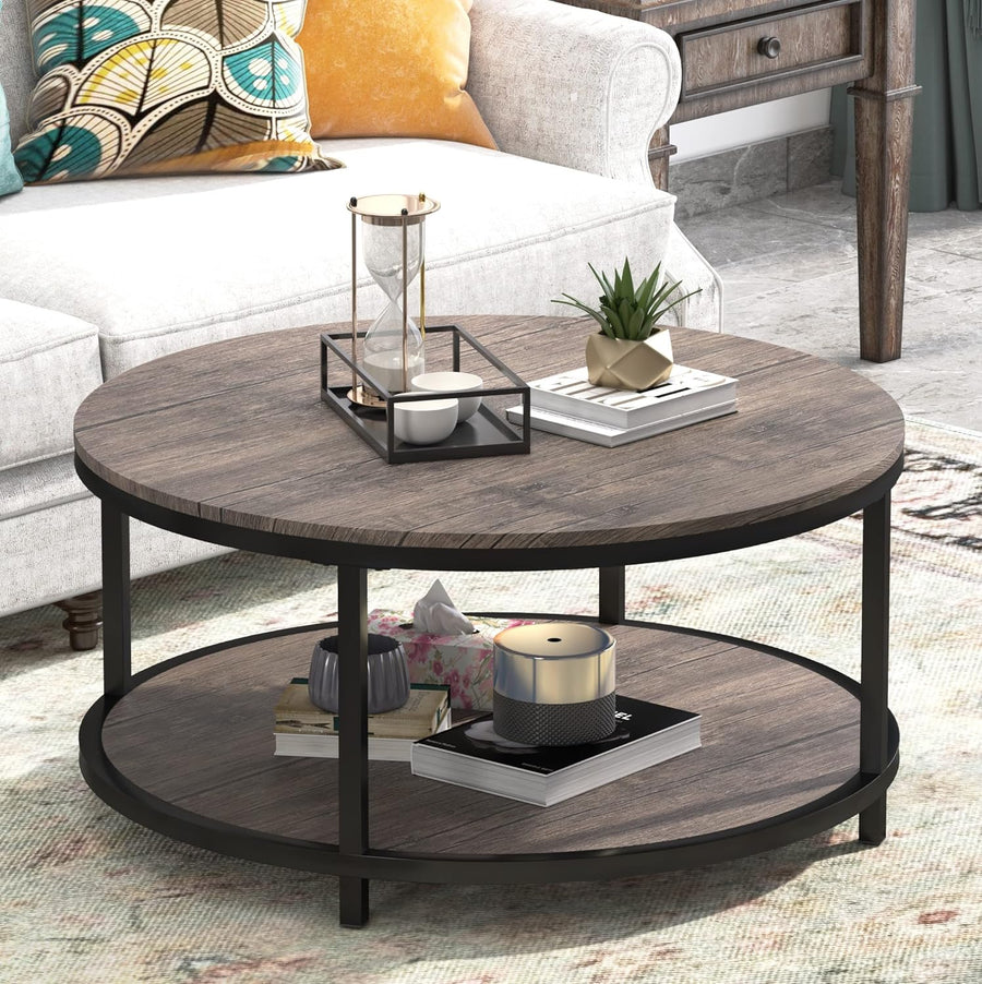 Rustic Vintage Industrial Coffee Table with Storage, Gray Brown