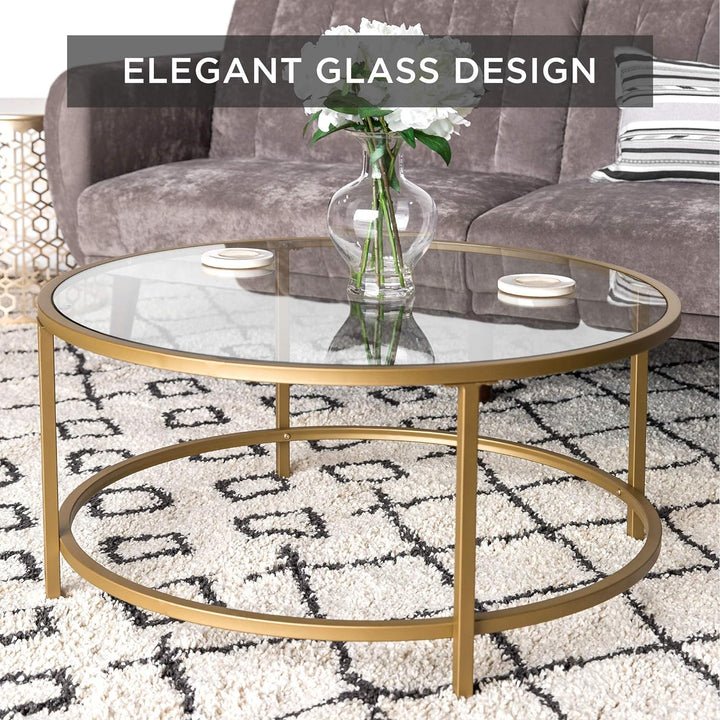 Modern Round Tempered Glass Accent Side Coffee Table, Bronze Gold