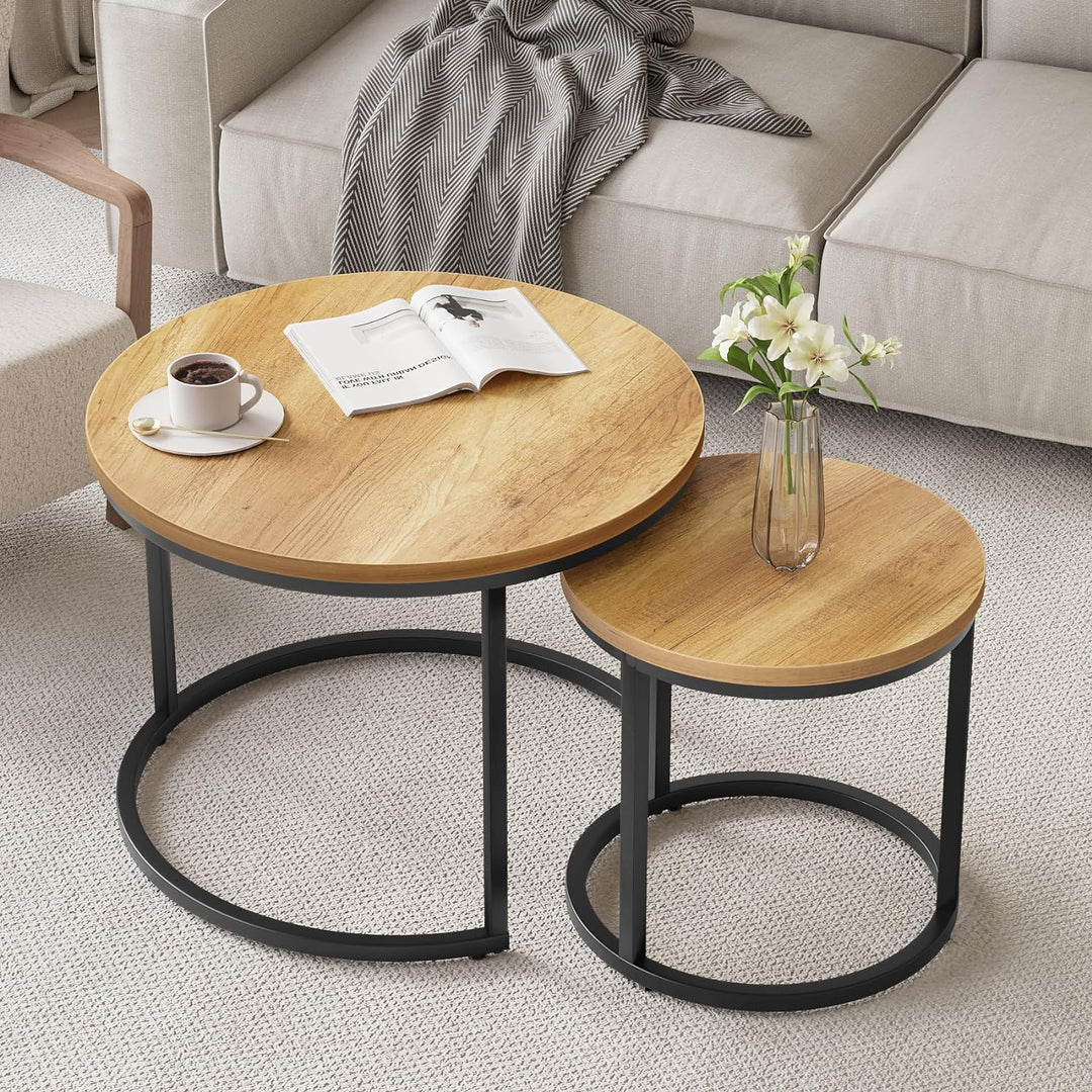 Nesting Coffee Table Set, 23.6" Round, Brown Wood, Adjustable Feet