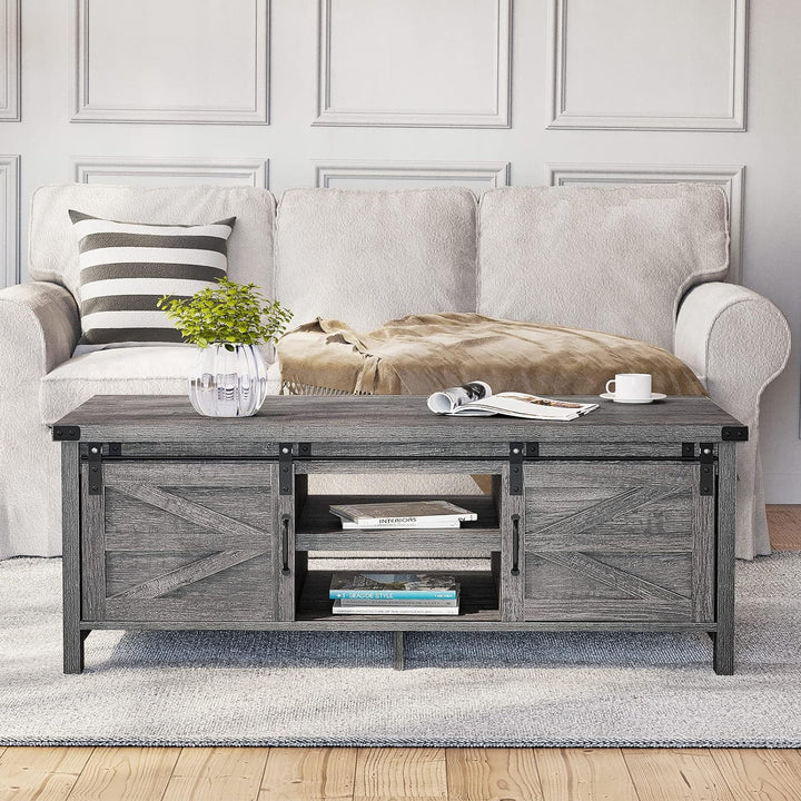 Rustic Farmhouse Coffee Table with Sliding Barn Doors, Grey