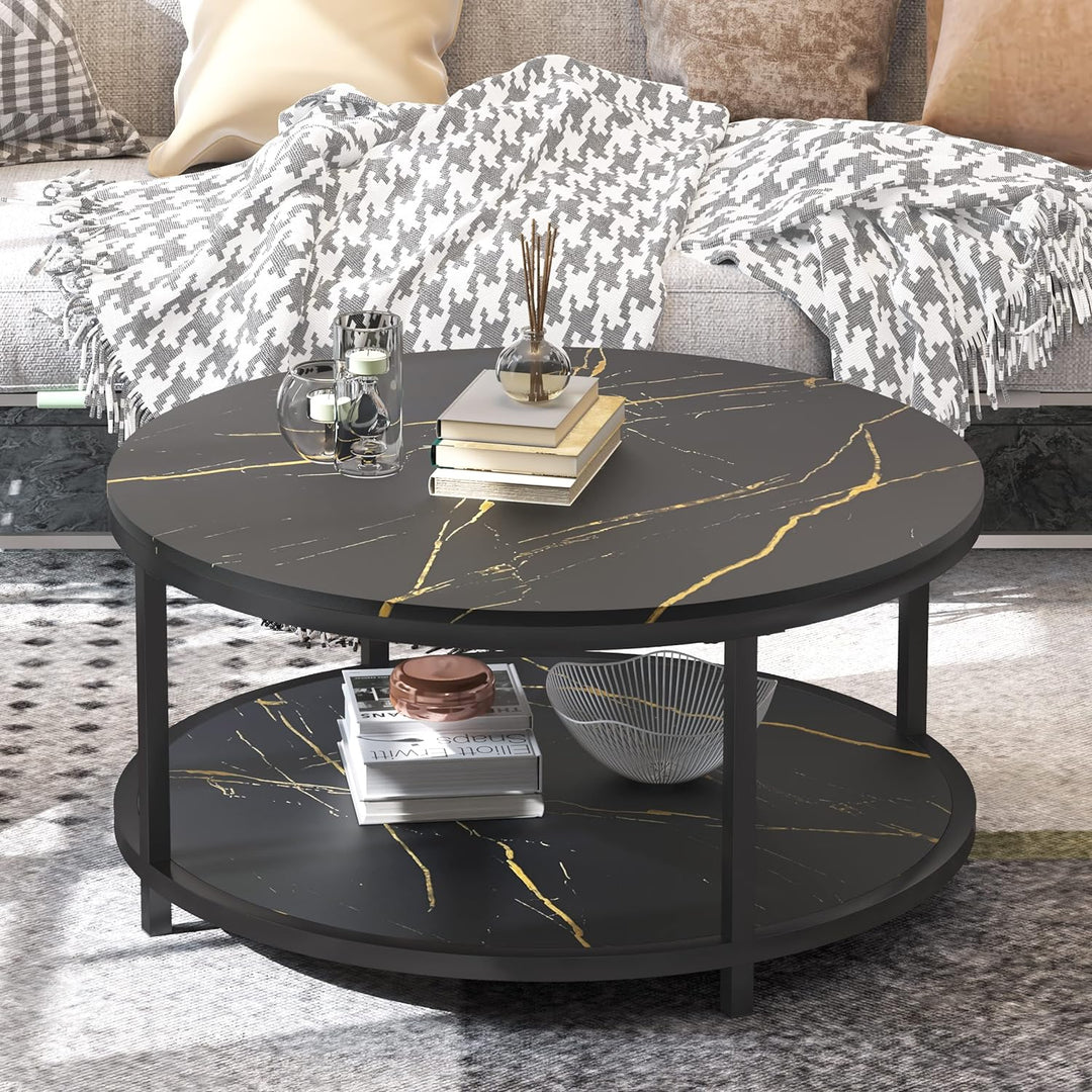 Faux Marble Top Round Coffee Table, Black