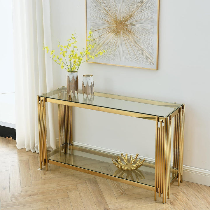 Modern Glass Console Table, Gold Finish