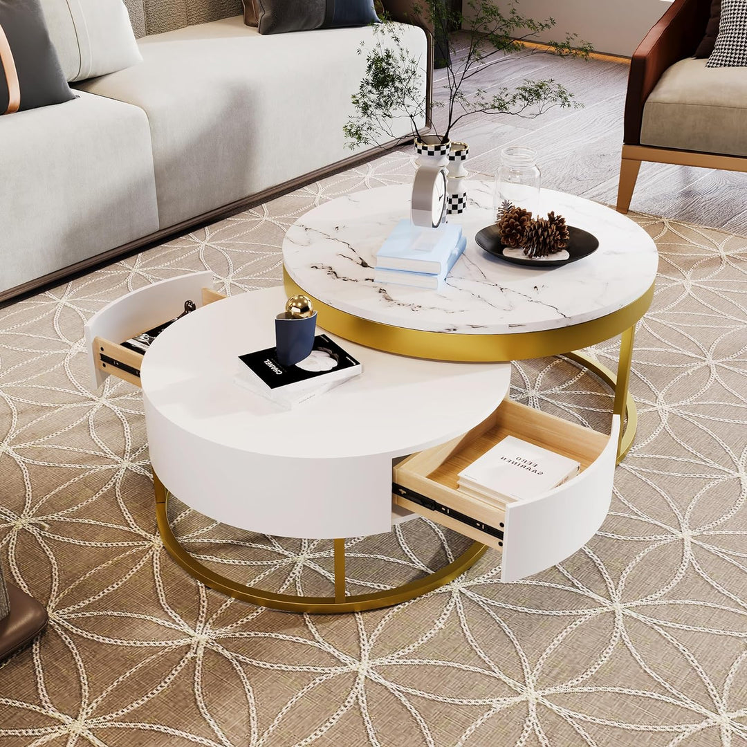 Modern Round Nesting Coffee Table with Drawers, Goldenwhite