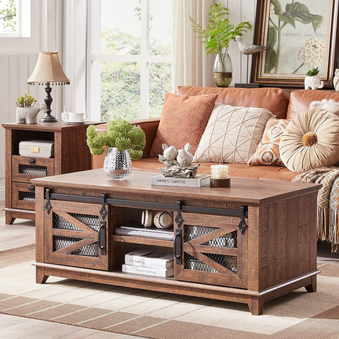 Rustic Coffee Table with Storage, Sliding Barn Doors, Reclaimed