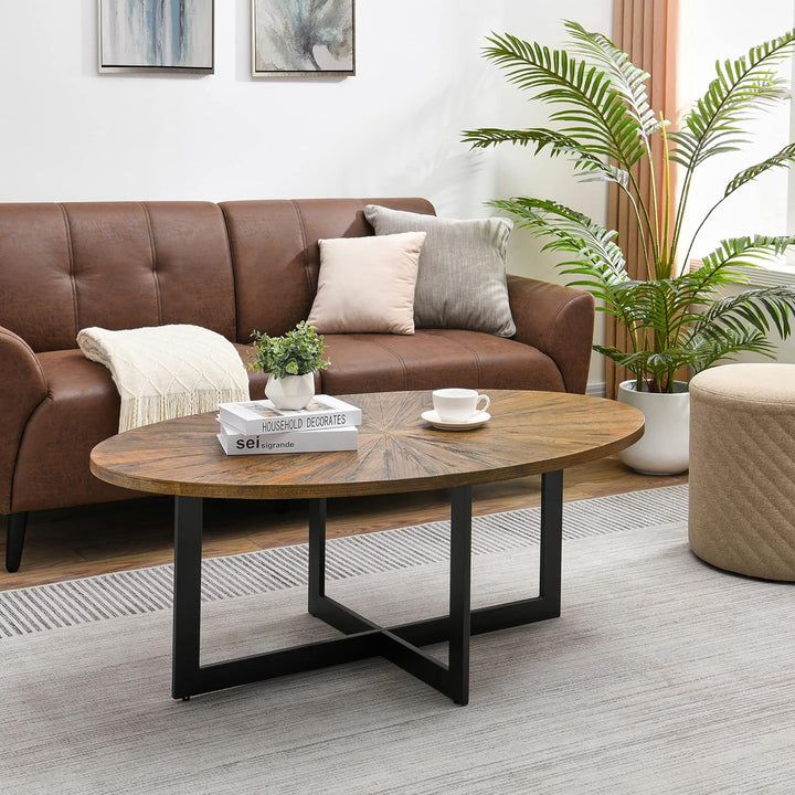 Rustic Oval Coffee Table with Cross Metal Legs, Solid Wood