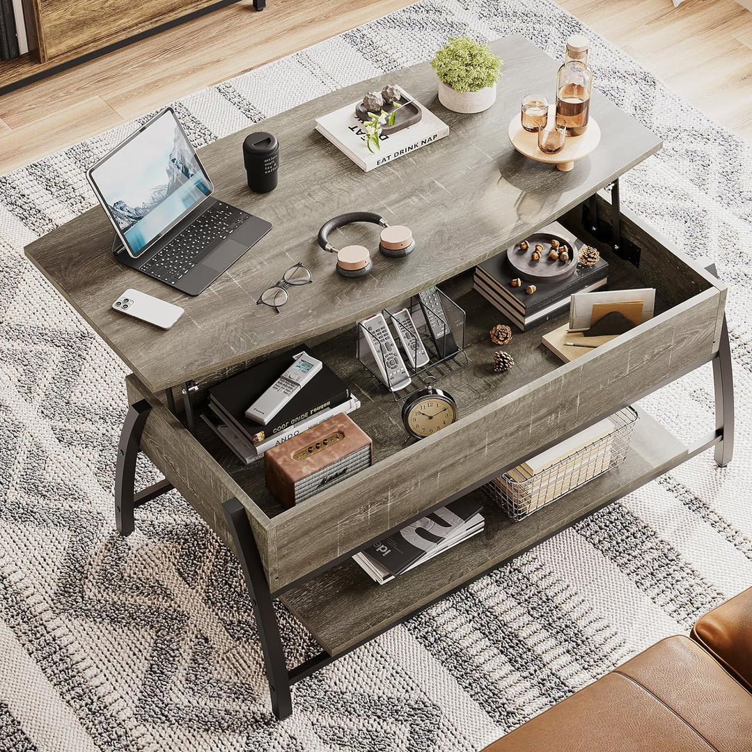 Lift Top Coffee Table with Storage, 42-Inch Industrial Mesh Shelves, Wooden Oval Center Table, Gray