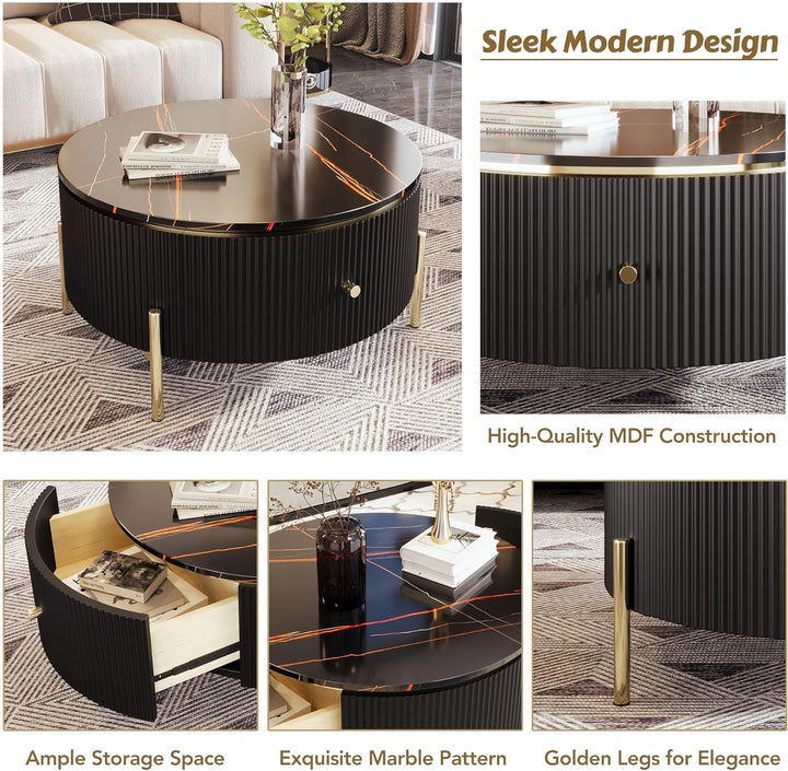 Coffee Table with Storage, Modern Accent Table, Black, Round