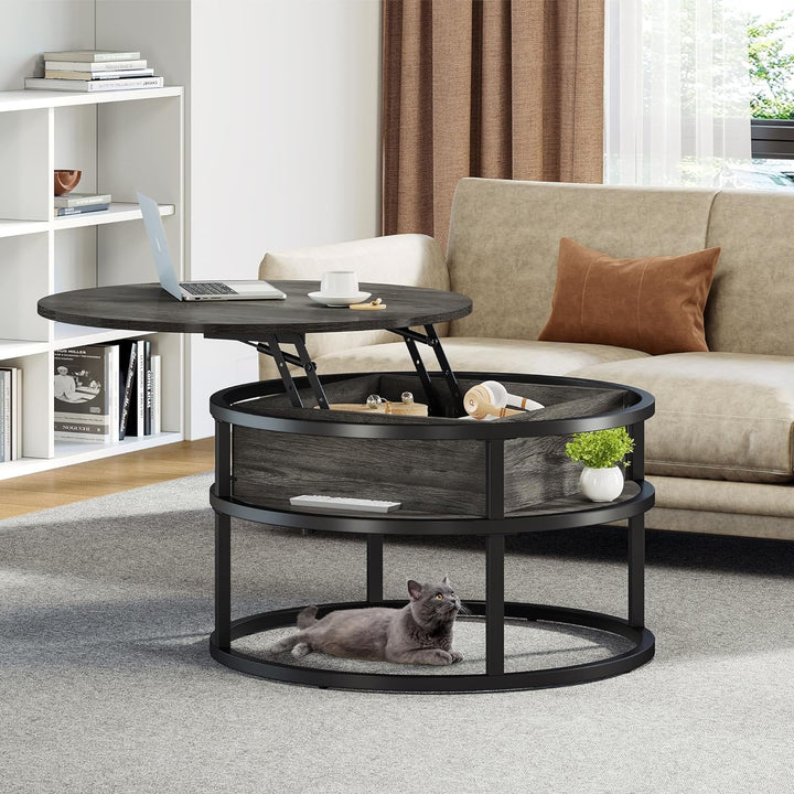 Lift Top Coffee Table with Hidden Storage, Modern Round Center Table, Dark Grey