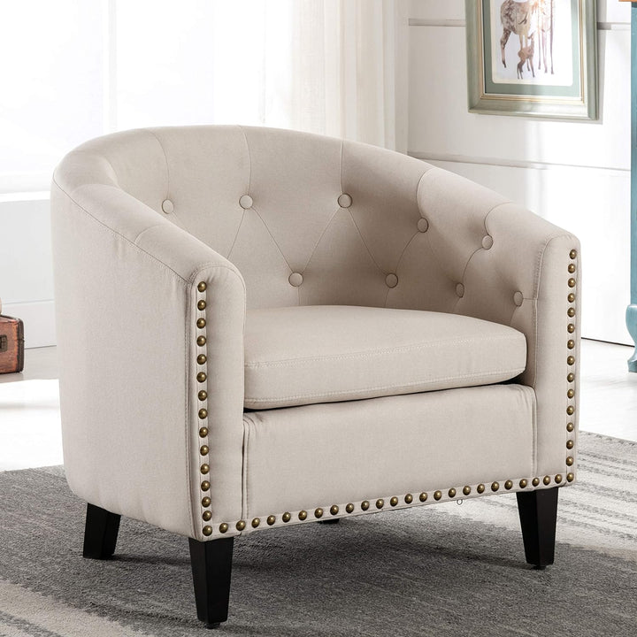 Upholstered Accent Armchair Linen Fabric Barrel Chairs