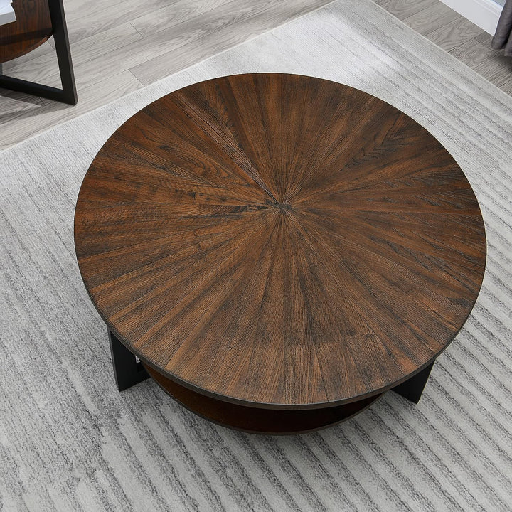 Farmhouse Round Coffee Table with Storage Shelf, Natural Brown