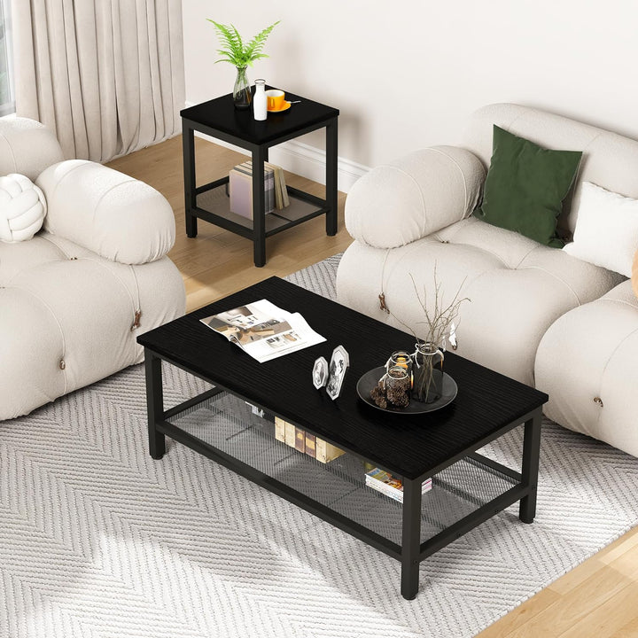 Stylish 3-Piece Living Room Table Set, Industrial Coffee Table, Black