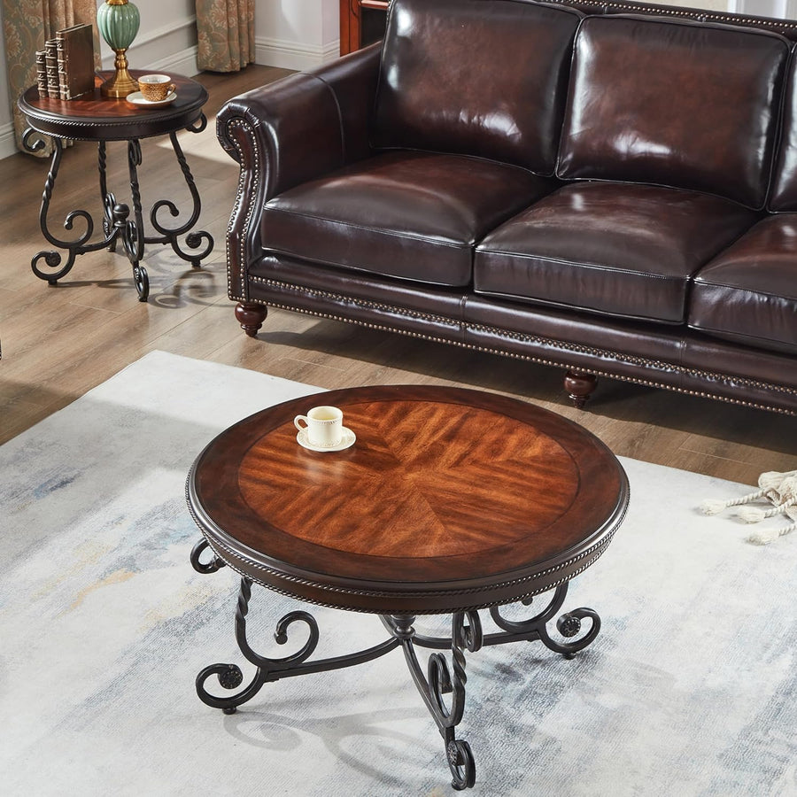 Rustic Round Wood Coffee & End Table Set, Set of 2