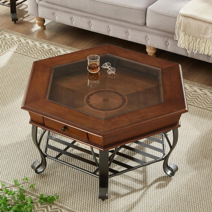 Retro Hexagon Wood Coffee Table with Glass Top, Farmhouse