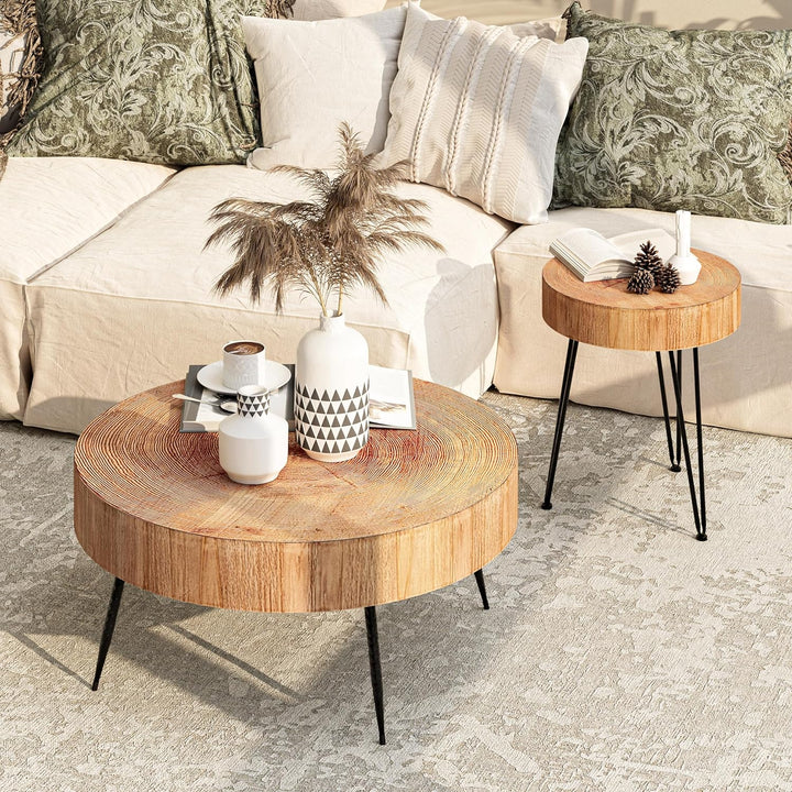 2-Piece Modern Farmhouse Coffee Table Set, Nesting Table Round Natural Finish with Wood Ring Motif, Stump Pattern