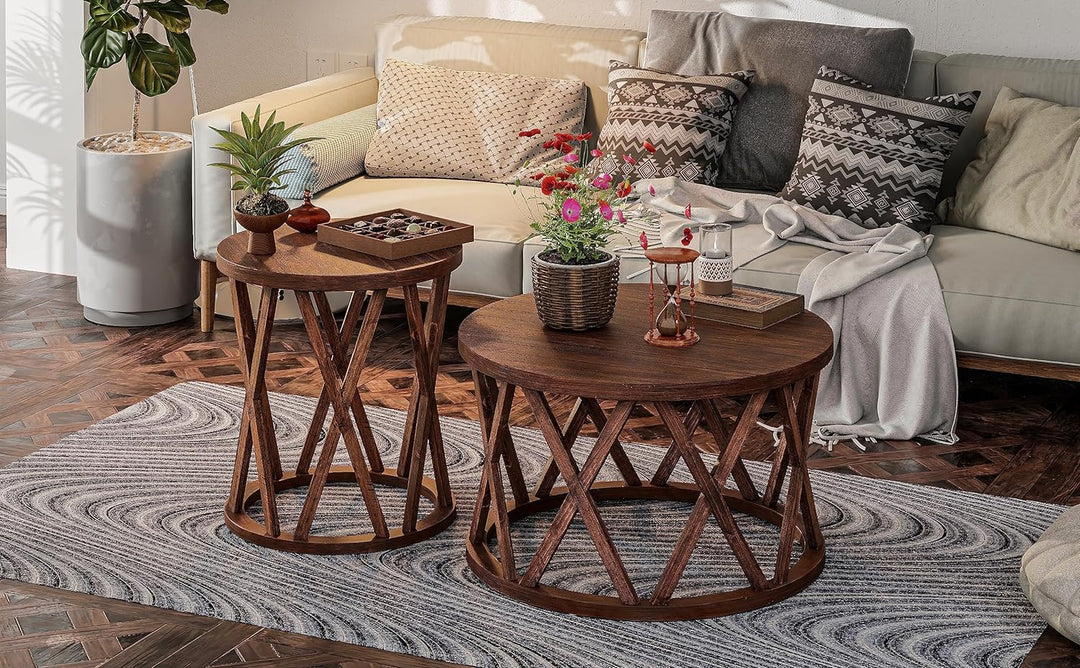 Rustic Farmhouse Round Coffee Table, Wood Textured Top, X-Motif Legs, Brown