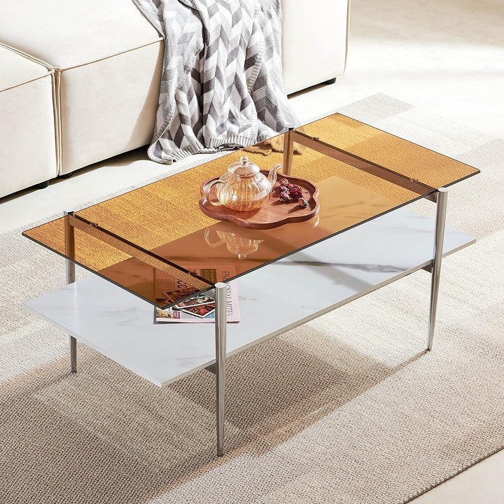 Elegant Glass Coffee Table with Chrome Frame, Coffee-Brown & White