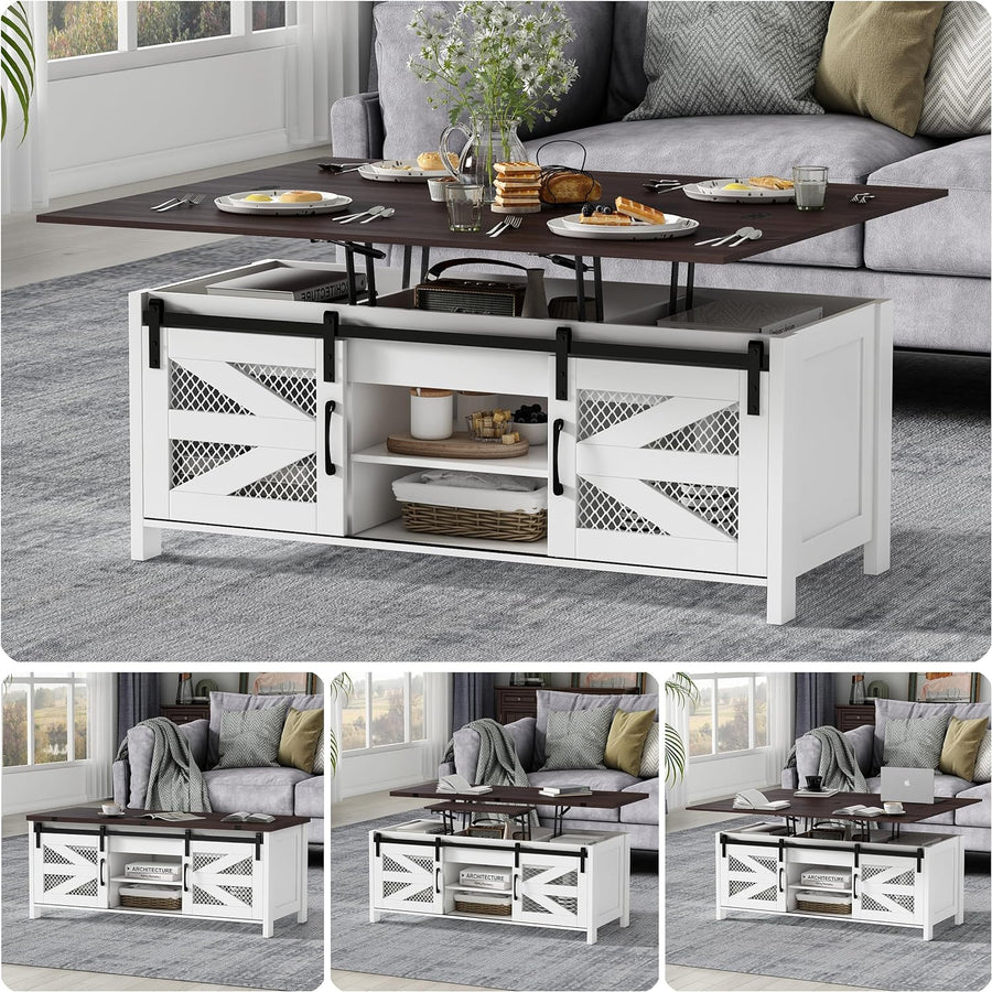 47.2" Lift Top Coffee Table with Sliding Barn Doors, White