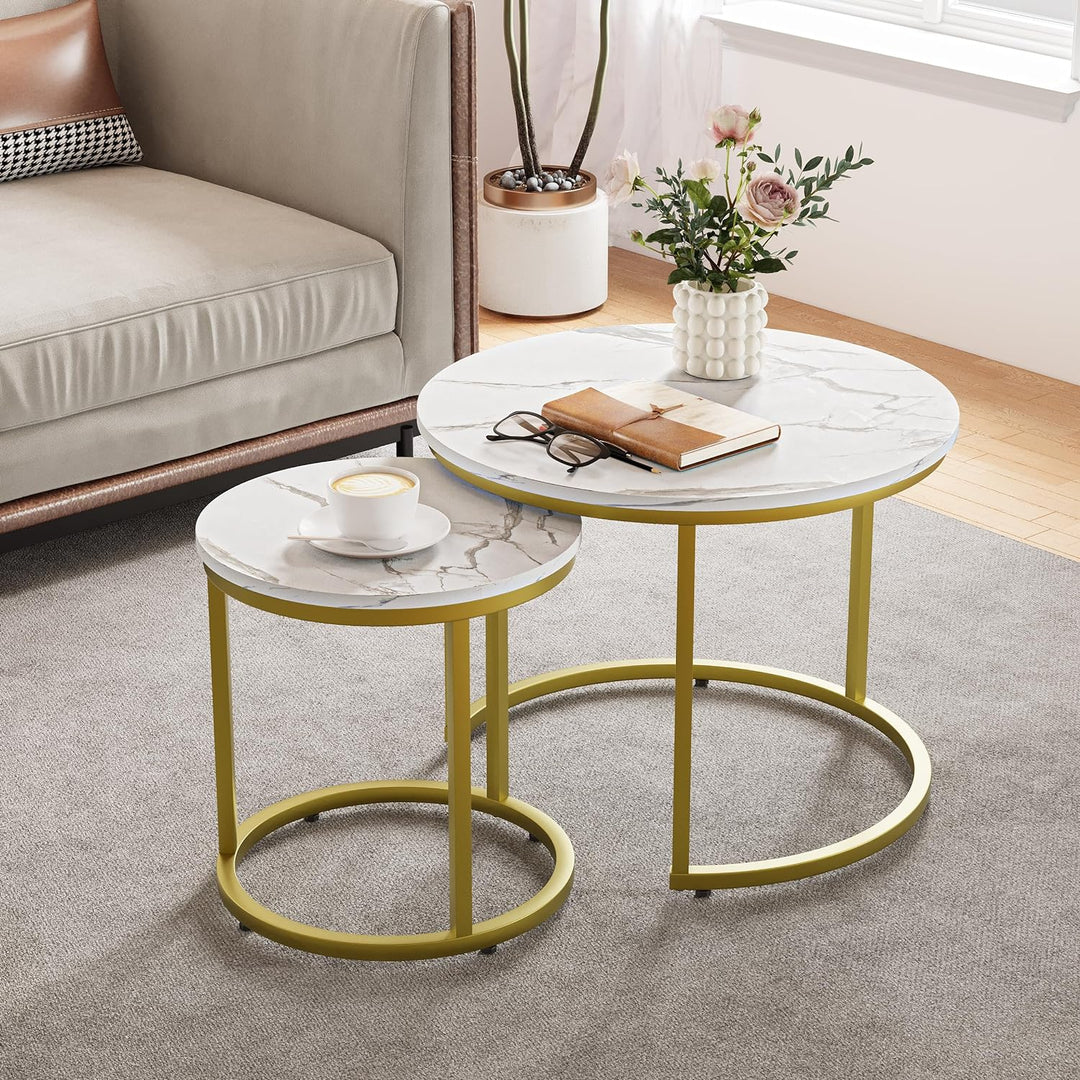 White Nesting Coffee Table Set, Wooden Marble, Adjustable Feet, 23.6