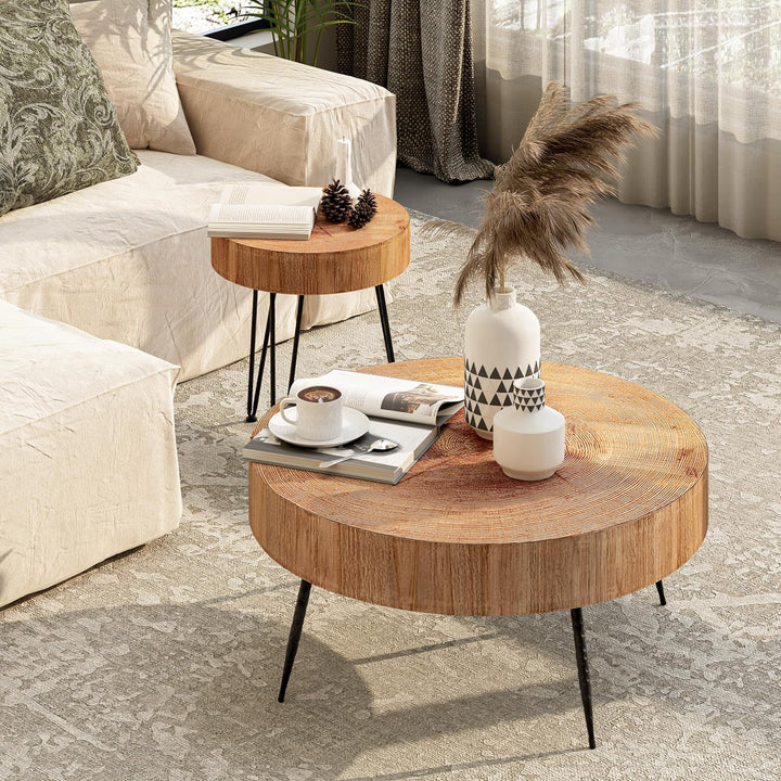 2-Piece Modern Farmhouse Coffee Table Set, Nesting Table Round Natural Finish with Wood Ring Motif, Stump Pattern