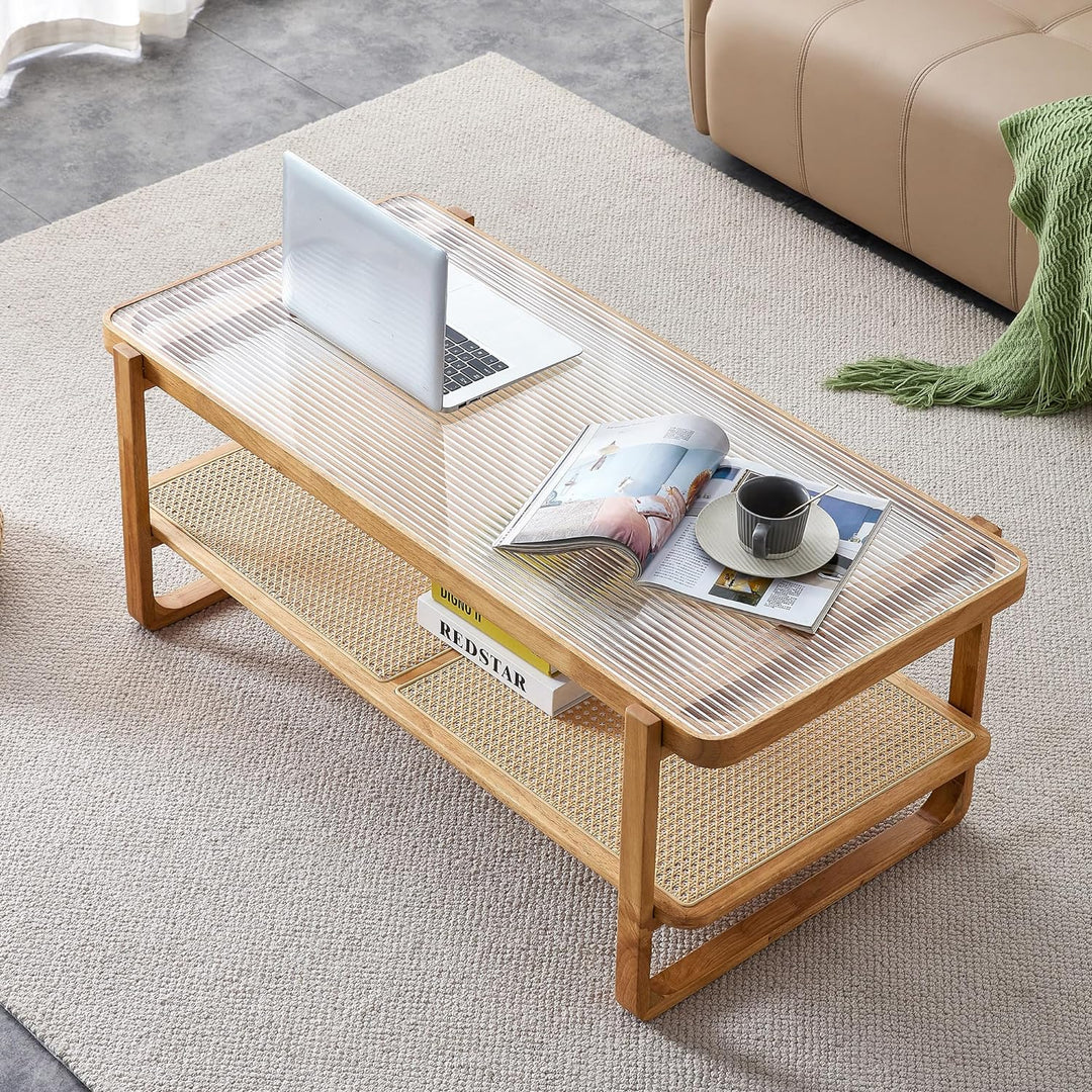 Mid-Century Modern Coffee Table, Boho Rectangular Solid Wood Center