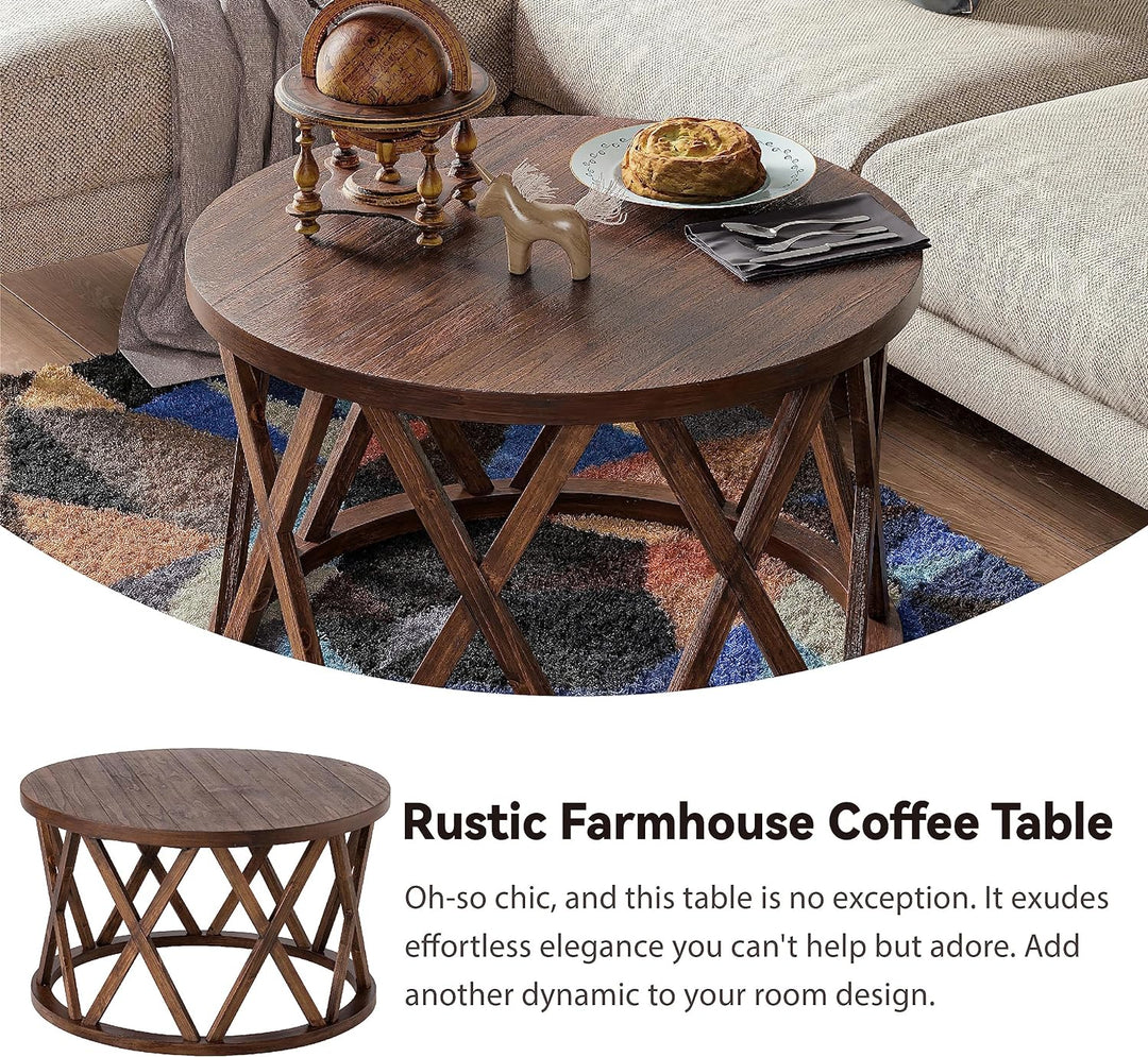 Rustic Farmhouse Round Coffee Table, Wood Textured Top, X-Motif Legs, Brown