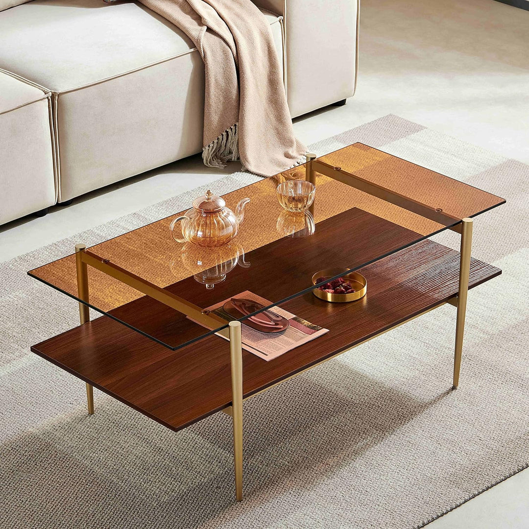 Elegant Double Layer Glass Coffee Table, Coffee Brown