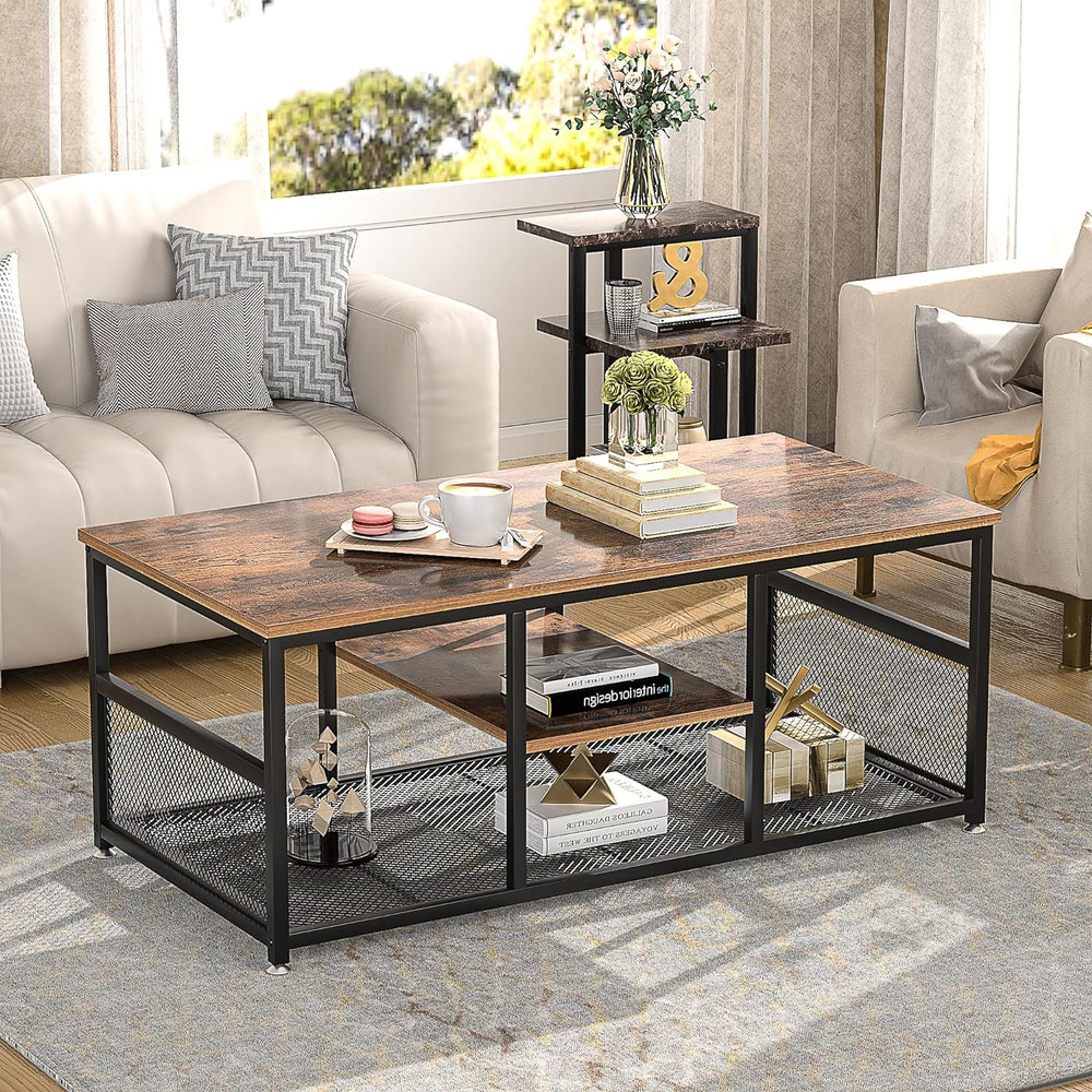 Rustic Brown Coffee Center Table with Storage, Modern Industrial Mesh Shelf