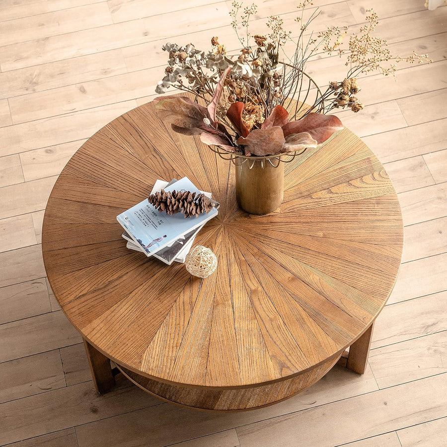 Rustic 2-Tier Round Coffee Table with Storage, Natural Wood