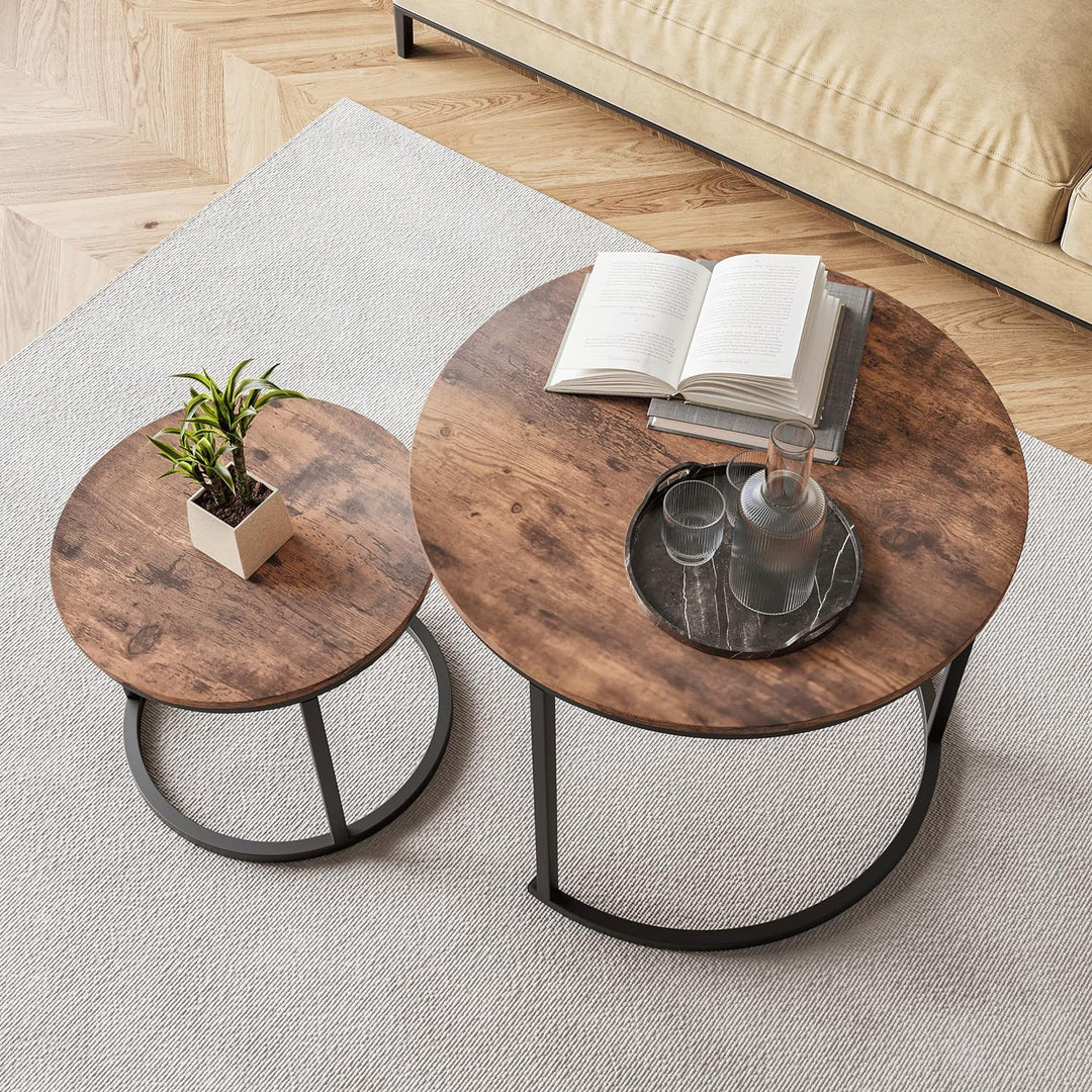 Round Coffee Table Set of 2, Rustic Brown