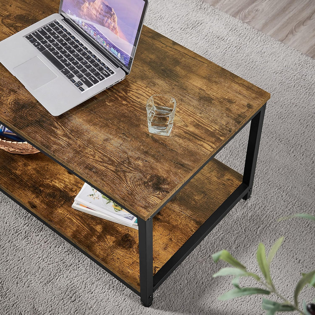 Rustic 2-Tier Industrial Coffee Table with Storage Shelf, Rectangular Side End Table