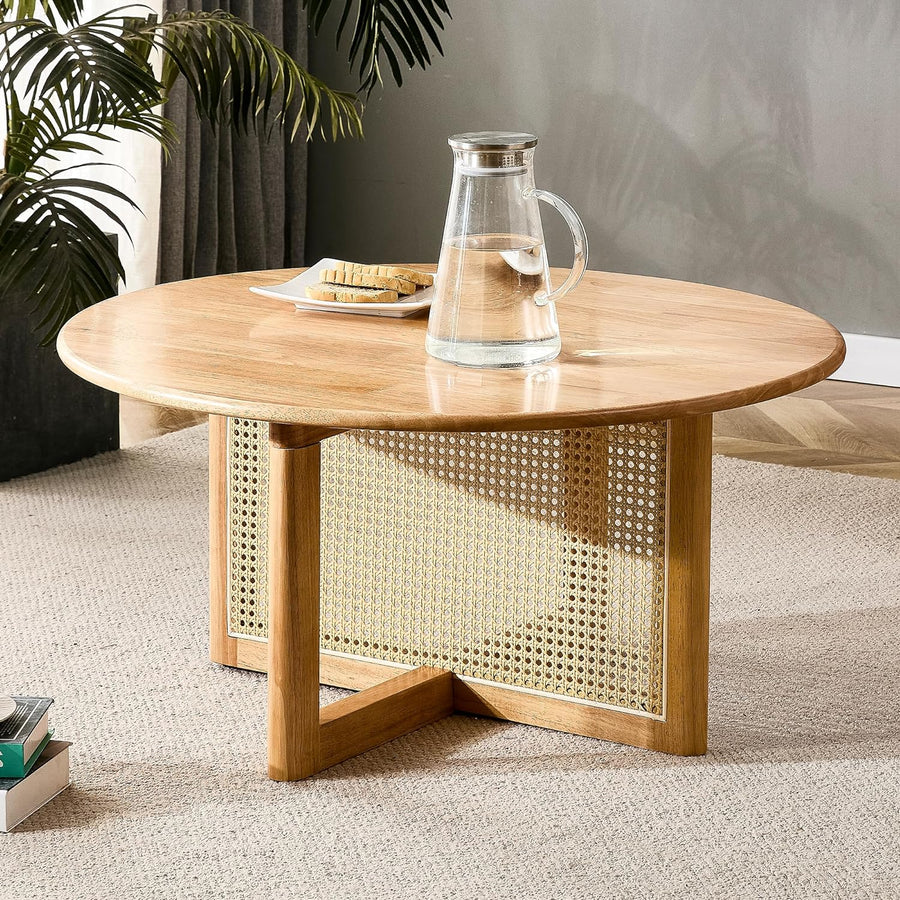 Mid-Century Wood Coffee Table with Rattan, Unique Boho Cocktail